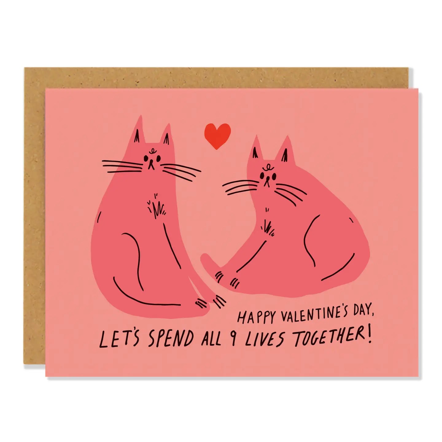 Nine Loves Cat card for Valentine's Day. Pink cat illustration.