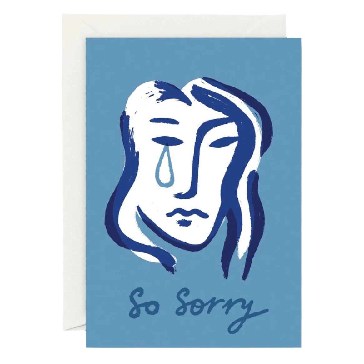 A greeting card with a blue background featuring an illustration of a face with a tear and the text 'So Sorry' printed below it.
