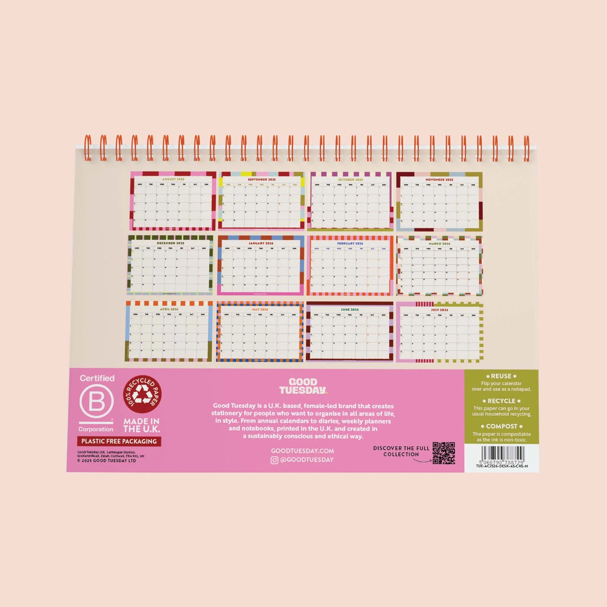 2025 - 2026 Academic Year A5 Desk Calendar - Checks & Stripes