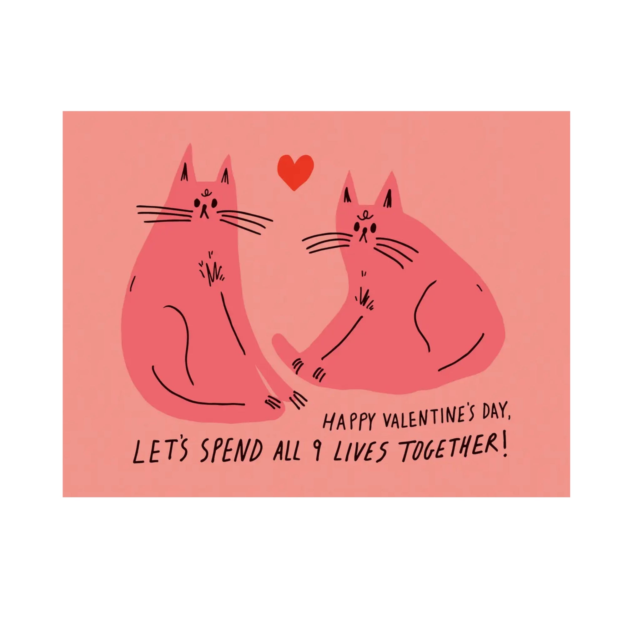 Nine Loves Cat card for Valentine's Day. Pink cat illustration. 