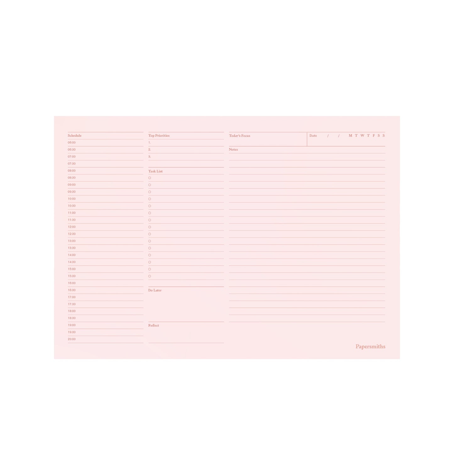 Pink planner insert with columns and text on a white background