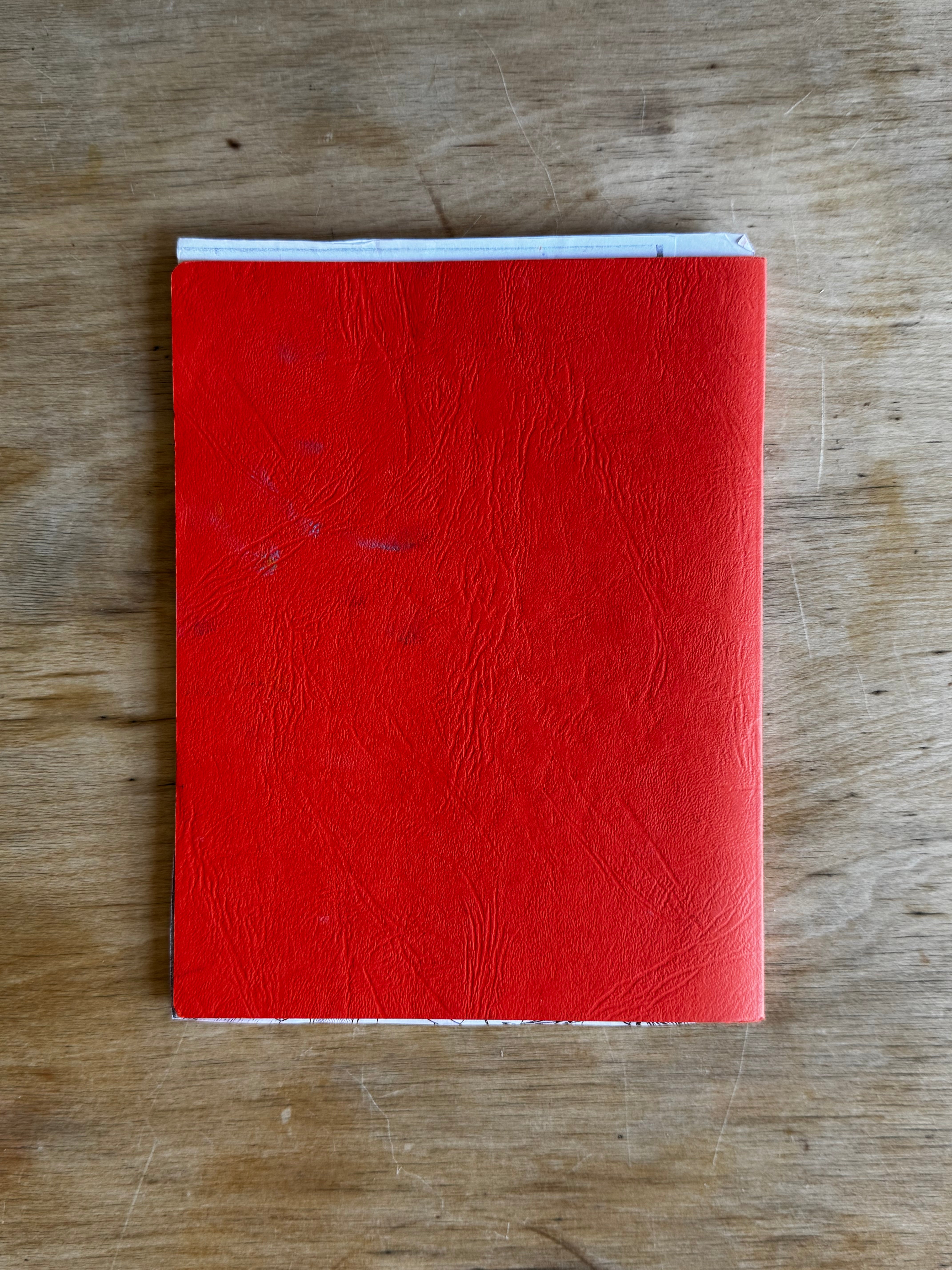 Red textured notebook on a wooden surface